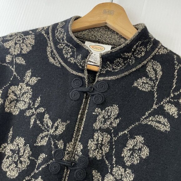 VTG Talbots Size S Black Gold Floral 100% Merino Wool Cardigan w/ Frog Closure - Picture 8 of 16